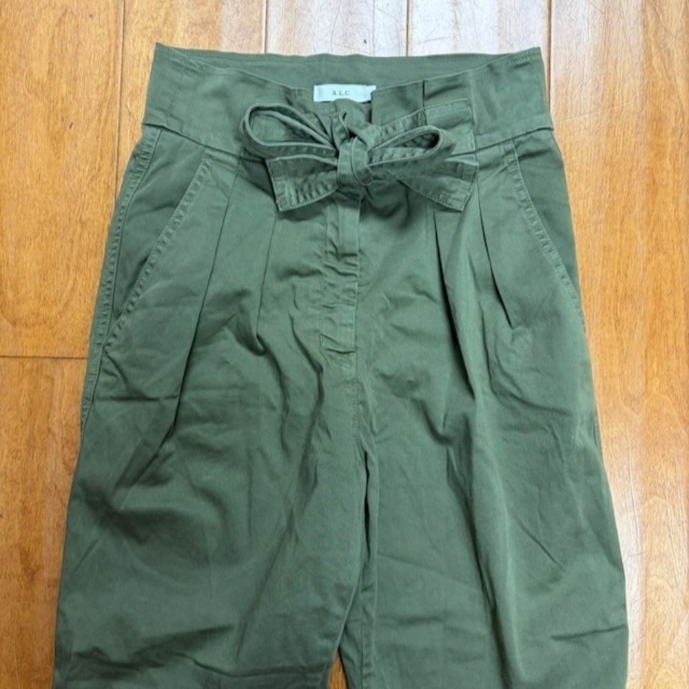 A.L.C. Pants Womens 4 Green Paperbag Waist Cargo Cuffed Tie Belt Cotton Preppy - Picture 2 of 11